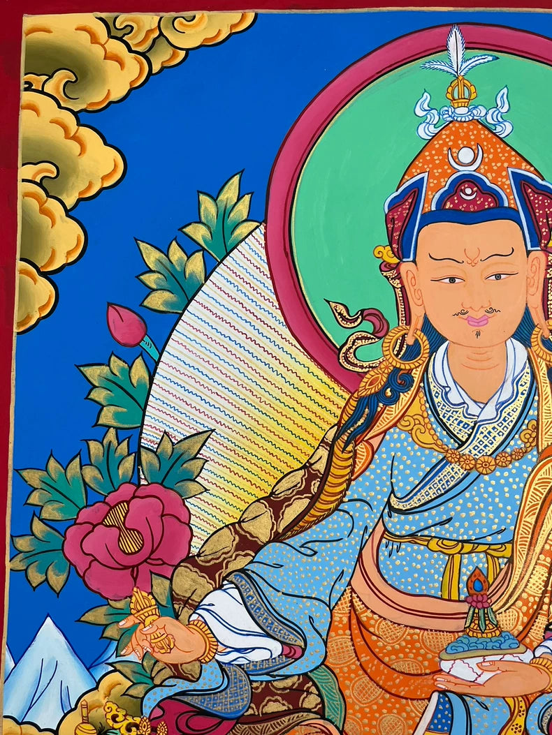 Upper-left halo, clouds and flowers — Colorful Padmasambhava thangka