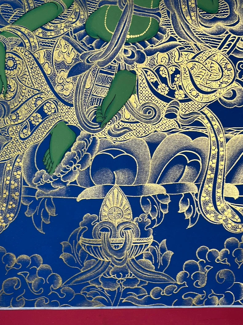 Lower robes and lotus seat — Blue-and-gold Green Tara thangka