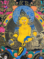 Seated figure with colorful flowers and lotus — Large Yellow Jambhala thangka