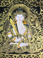 Face, crown, sword and halo — Black-and-gold Akashagarbha thangka