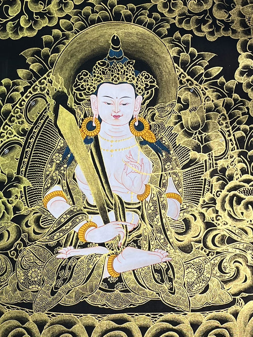 Black & Gold Akashagarbha Thangka | Hand-Painted Buddhist Art