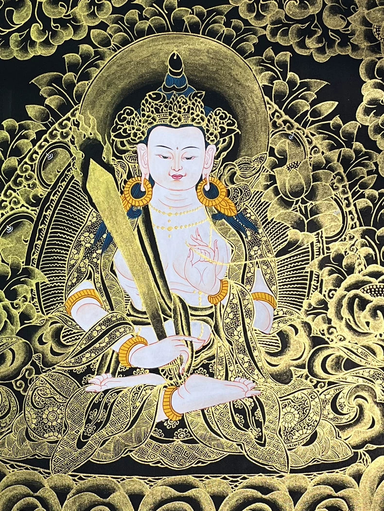 Face, crown, sword and halo — Black-and-gold Akashagarbha thangka
