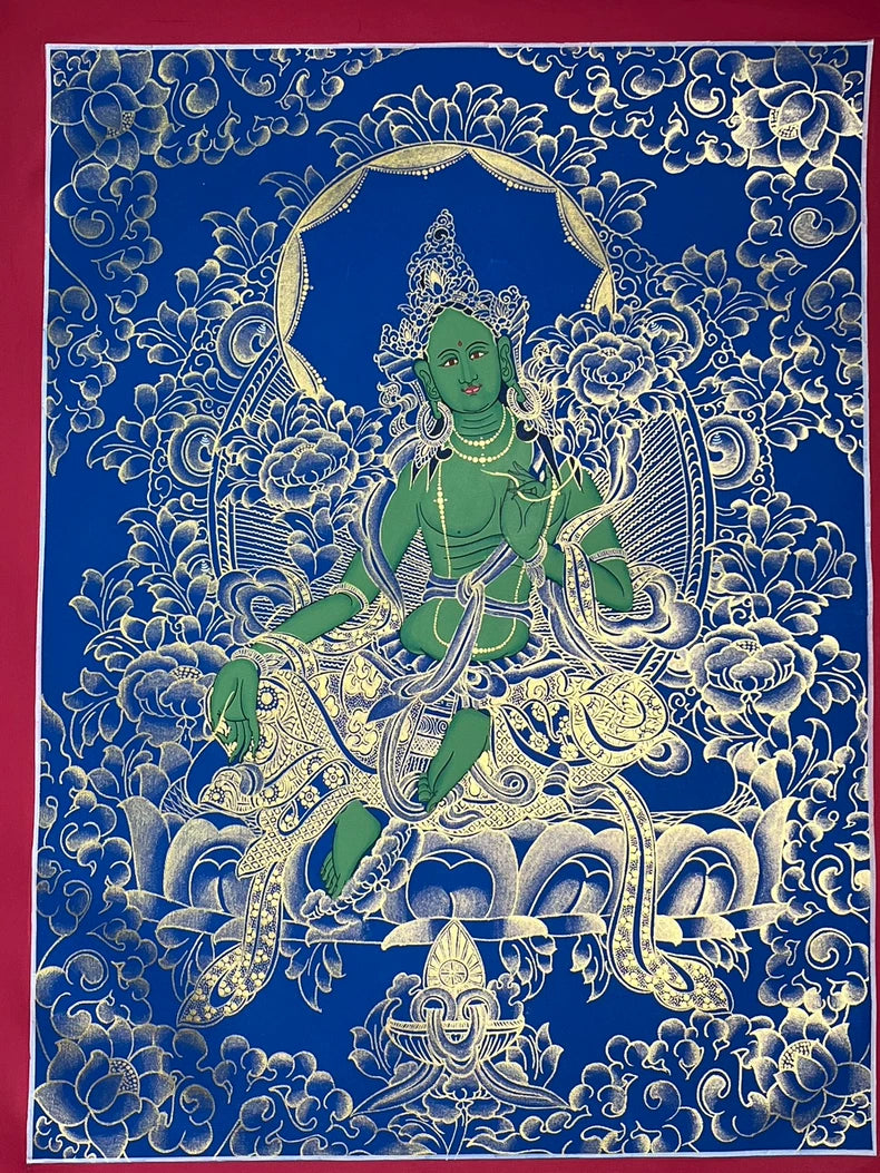 藍金綠度母唐卡｜手繪佛教藝術