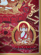 Lower-right figure and curling floral detail — Mahasthamaprapta thangka
