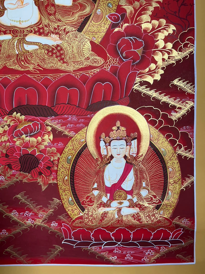 Lower-right figure and curling floral detail — Mahasthamaprapta thangka