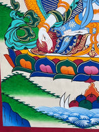 Lower-right lotus petals and water — White Tara landscape thangka