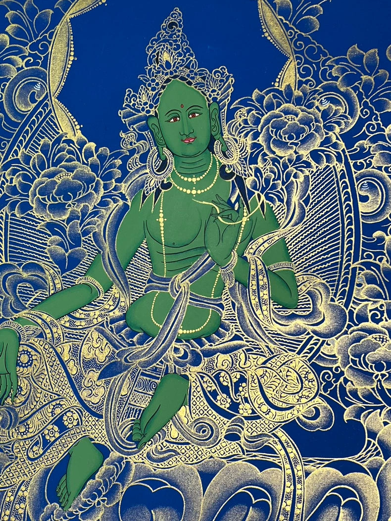 Face, crown and upper-body detail — Blue-and-gold Green Tara thangka