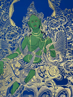 Face, crown and upper-body detail — Blue-and-gold Green Tara thangka