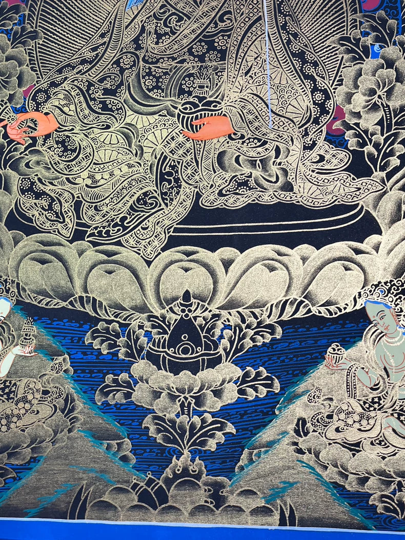 Hand-Painted Guru Rinpoche Thangka — Black & Gold Landscape