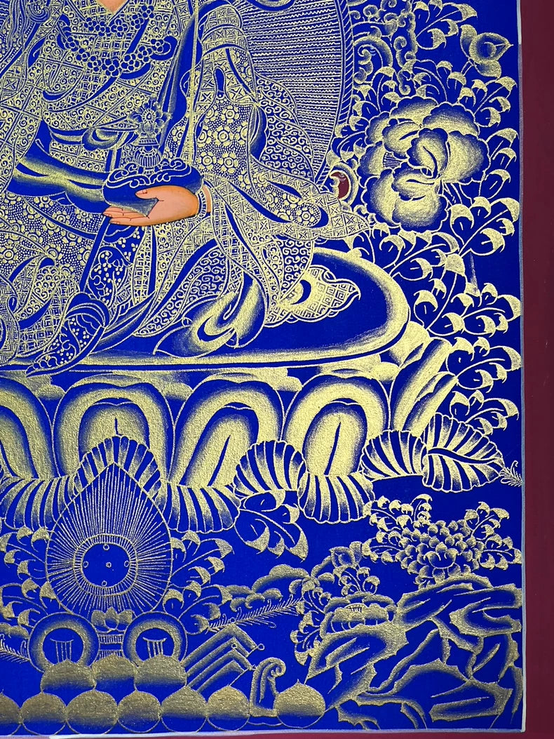 Hand-Painted Guru Rinpoche Thangka — Lapis Blue & Gold