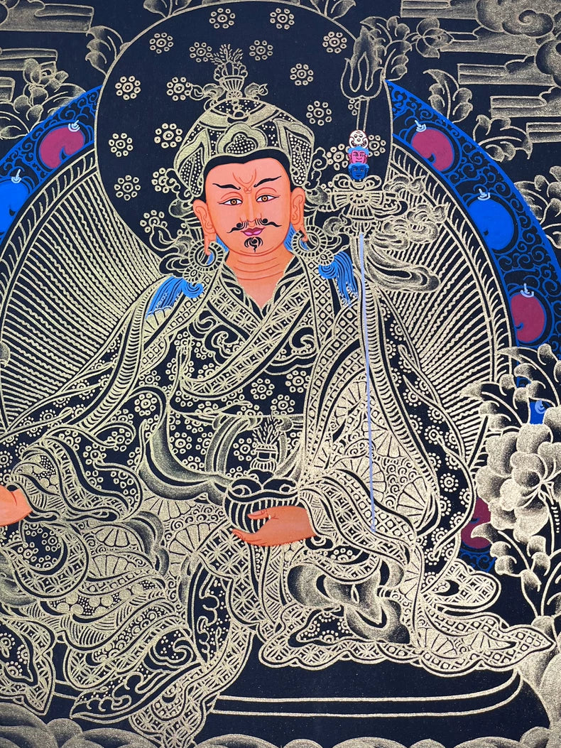 Hand-Painted Guru Rinpoche Thangka — Black & Gold Landscape