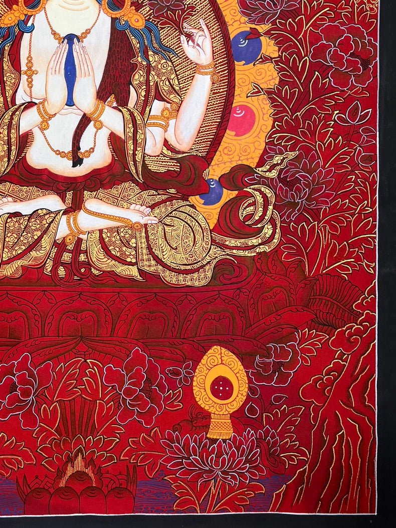 Lower-right robes and floral details — Red floral Four-Armed Avalokiteshvara thangka