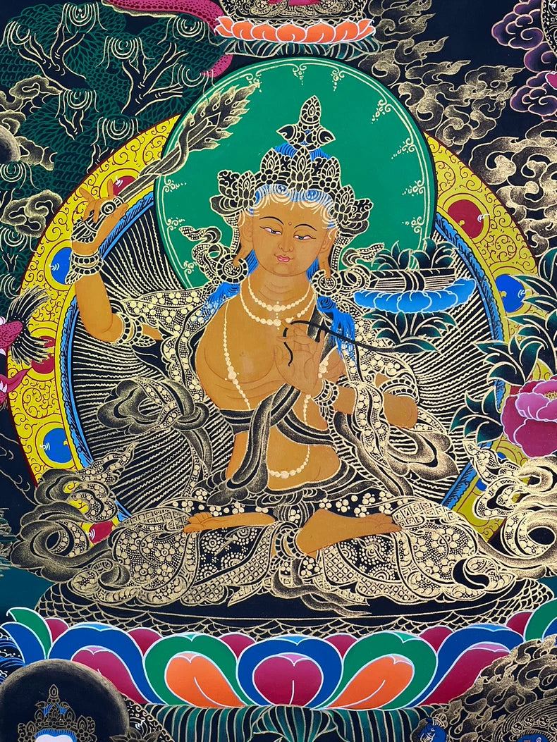 Orange figure, crown and raised sword — Manjushri sword-and-lotus thangka