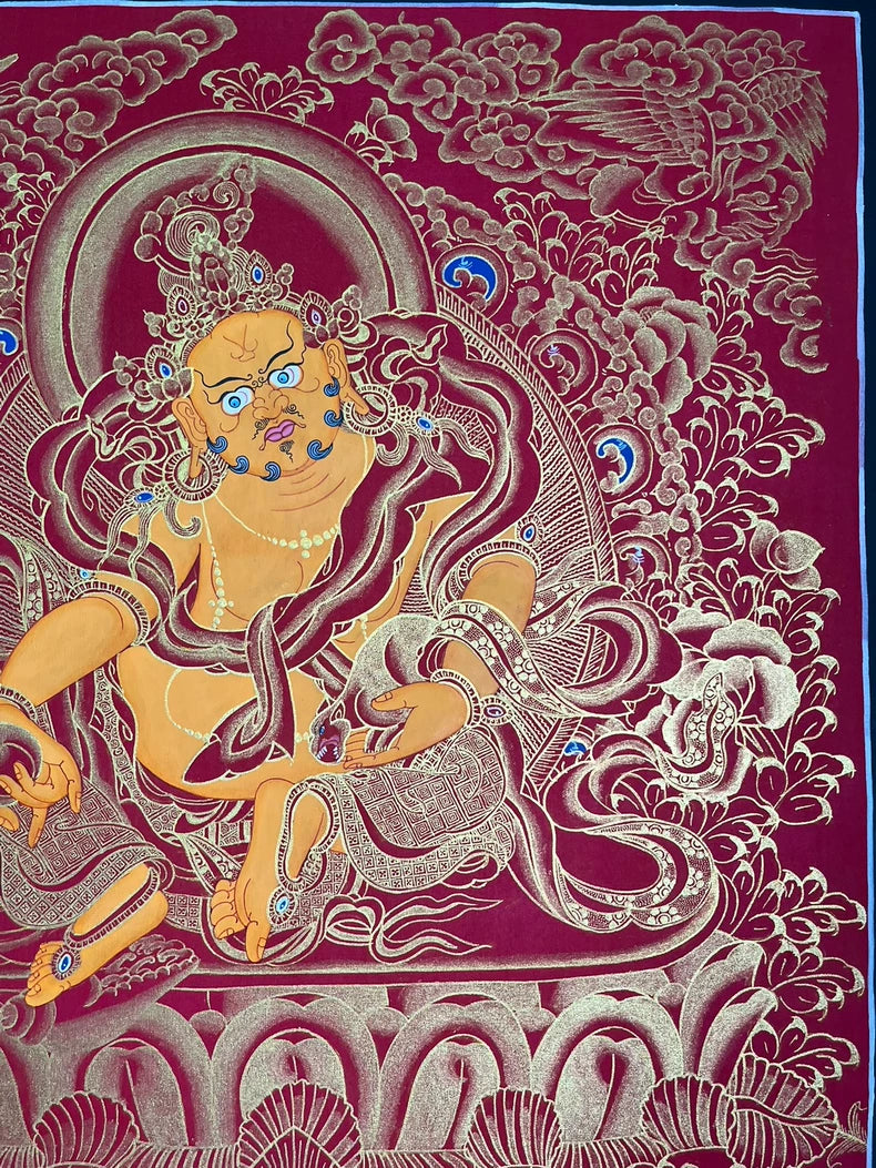 Hand-Painted Yellow Jambhala Thangka — Mineral Pigments & Gold
