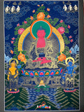 Full floral landscape with red Buddha and two attendants — Large Amitabha Buddha thangka