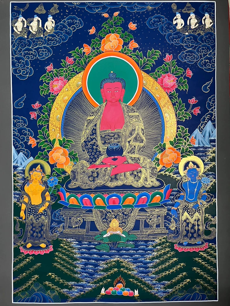 Full floral landscape with red Buddha and two attendants — Large Amitabha Buddha thangka