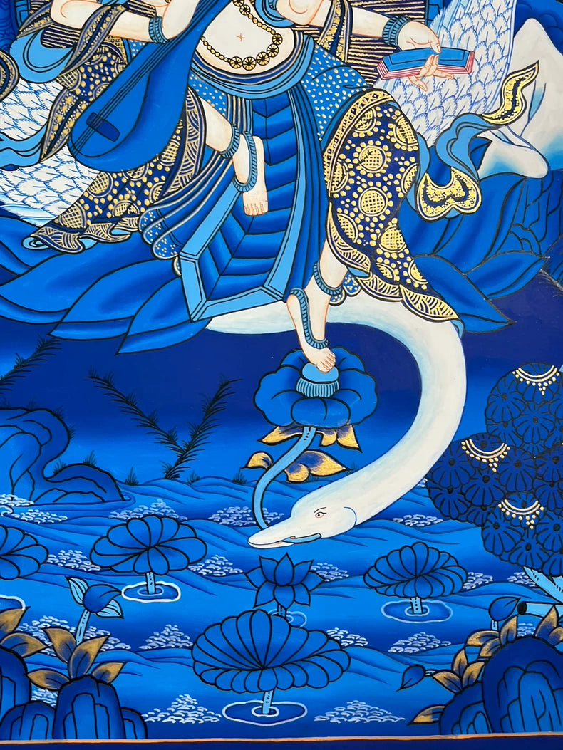 Feet, swan and lotus-covered water — Blue landscape Saraswati thangka