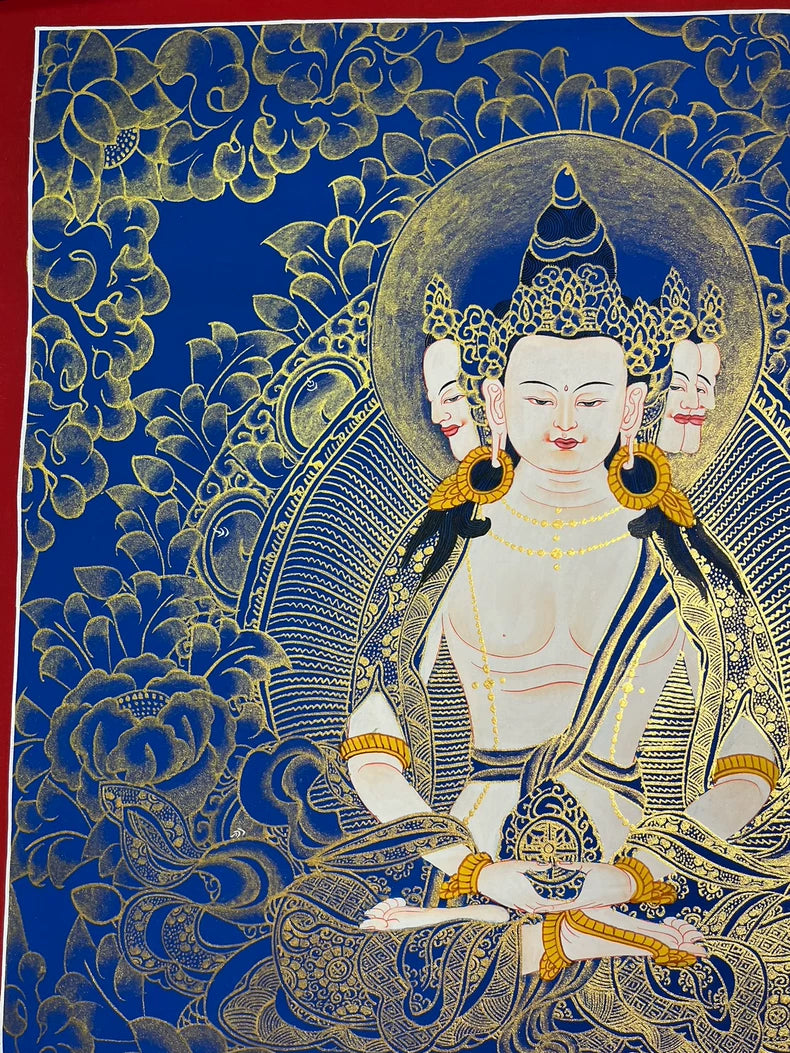 Upper-left flowers and halo — Blue-and-gold Mahavairocana thangka