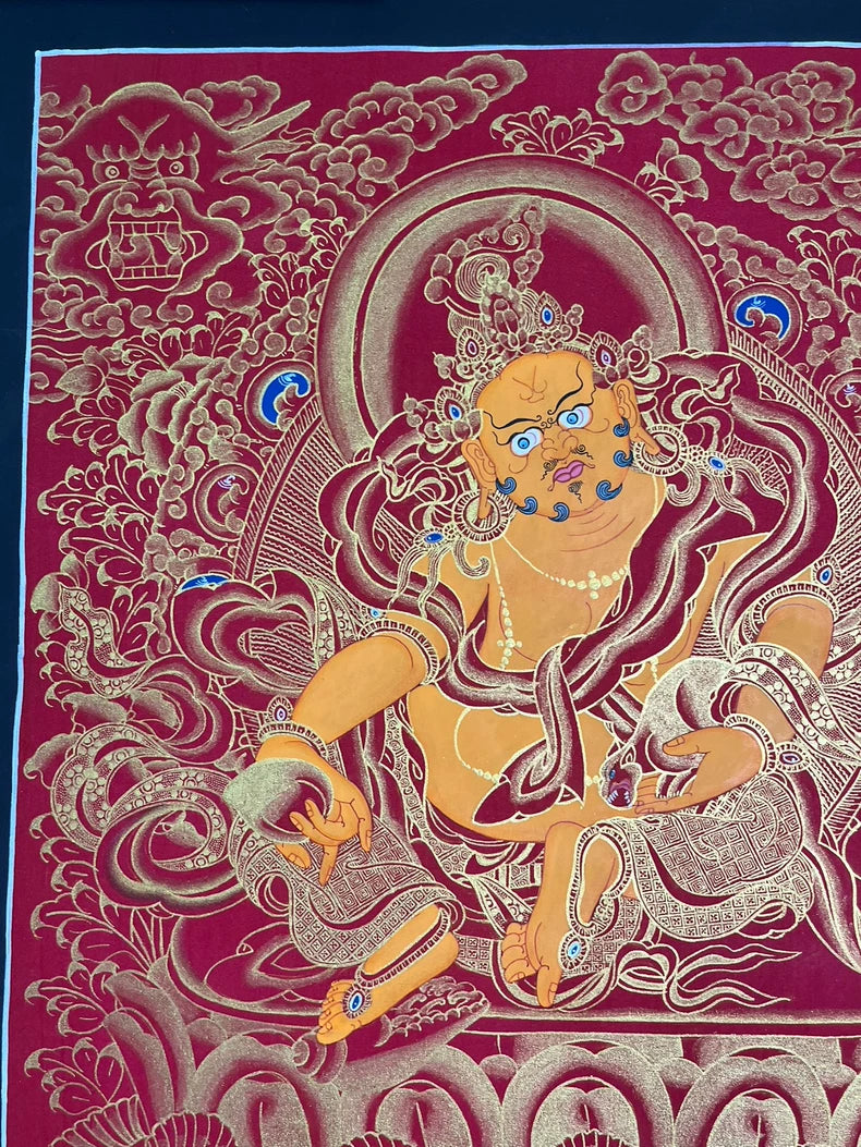 Hand-Painted Yellow Jambhala Thangka — Mineral Pigments & Gold