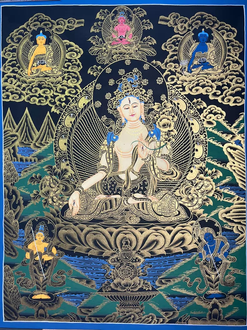 Full painting with White Tara and surrounding figures — Black-and-gold White Tara thangka