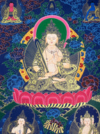 中央主尊、粉色蓮花與周圍諸尊 — 虛空藏菩薩唐卡