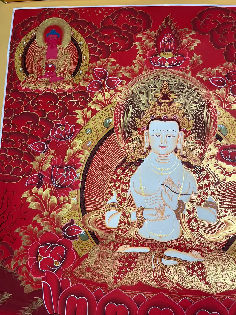 Upper-left figure and floral patterns around the halo — Mahasthamaprapta thangka