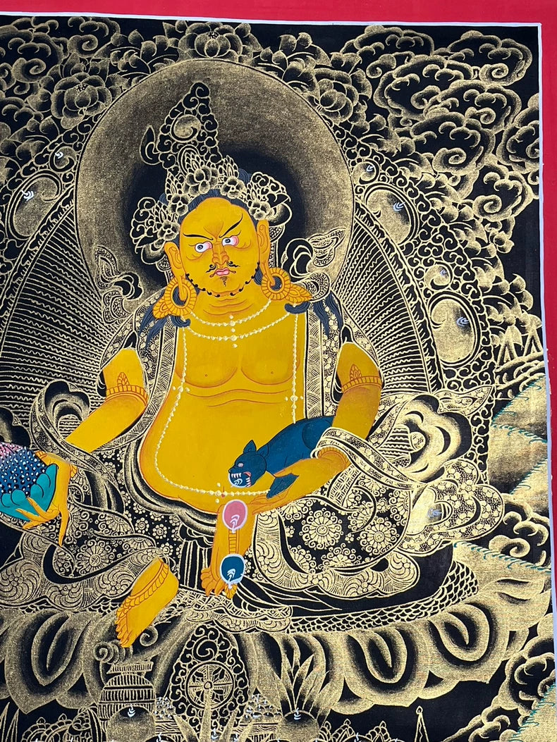 Hand-Painted Yellow Jambhala Thangka — Black & Gold