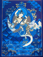 Full blue mountain landscape and central figure — Blue landscape Saraswati thangka