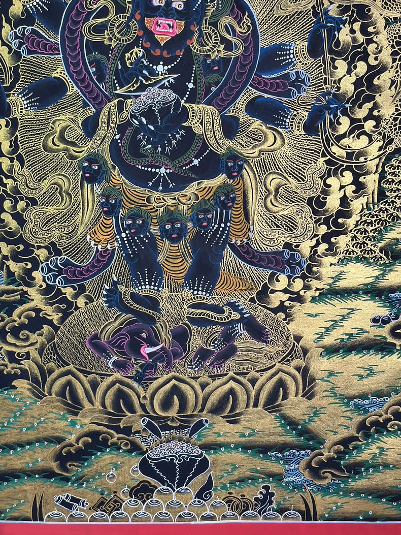 Lower lotus and landscape details — Black-and-gold Mahakala thangka