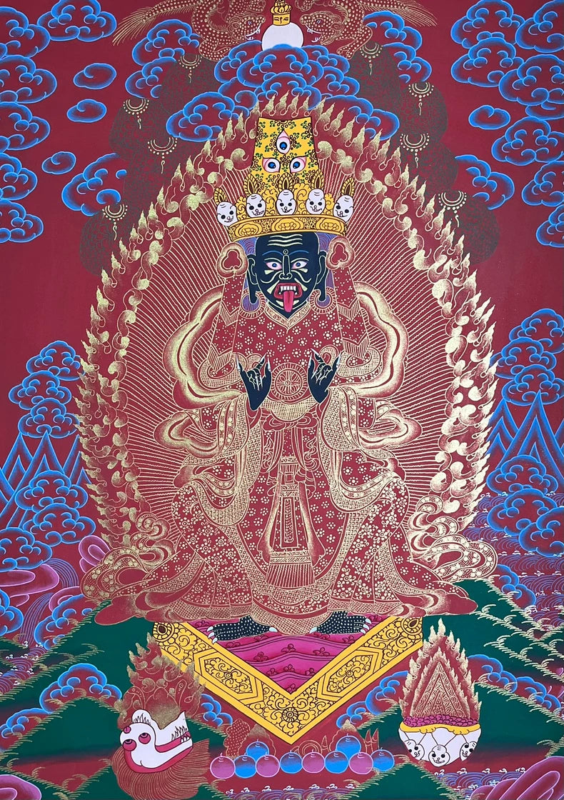 Central figure, crown and patterned robes — Red-and-gold Zaki Lhamo thangka