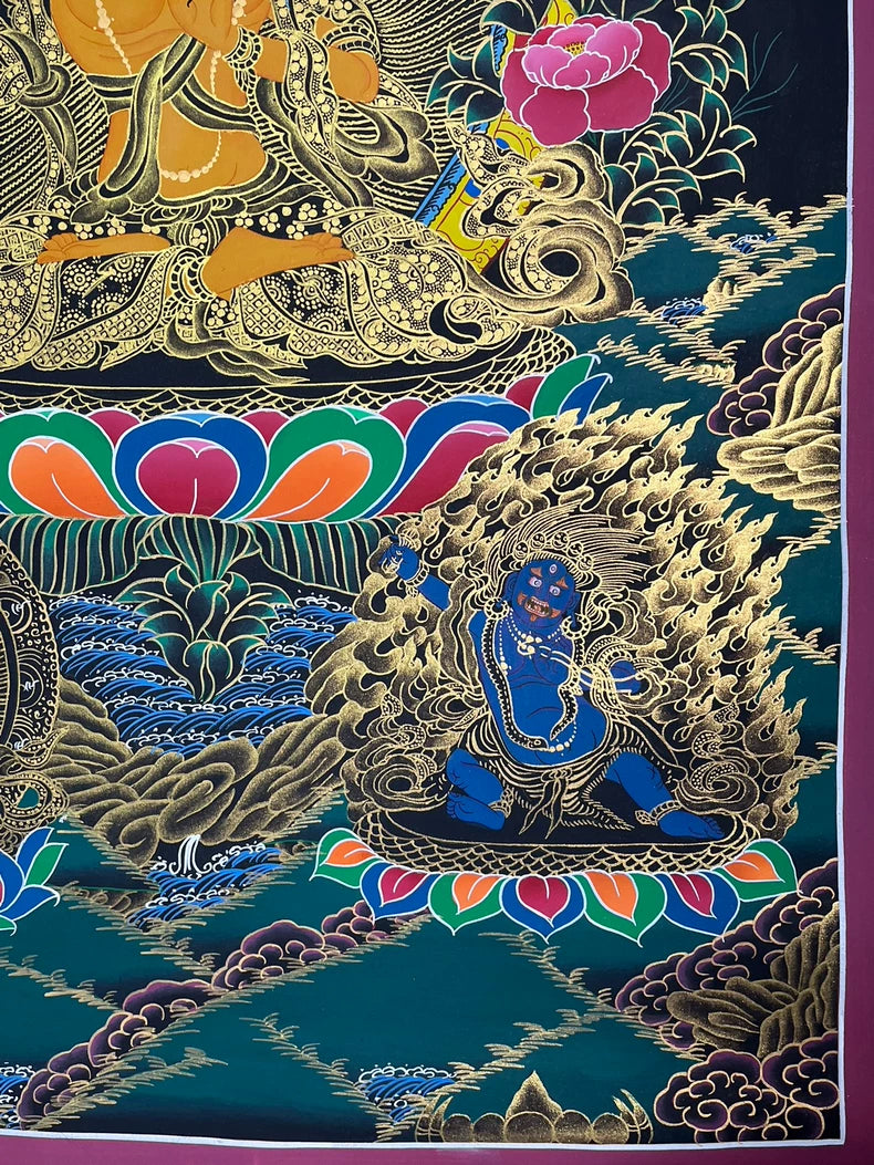 Lower lotus, blue figure and flowers — Manjushri sword-and-lotus thangka