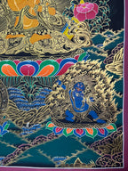 Lower lotus, blue figure and flowers — Manjushri sword-and-lotus thangka