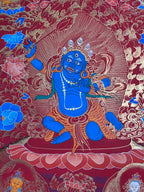 Blue figure with flame halo and lotus — Red-ground Acala thangka