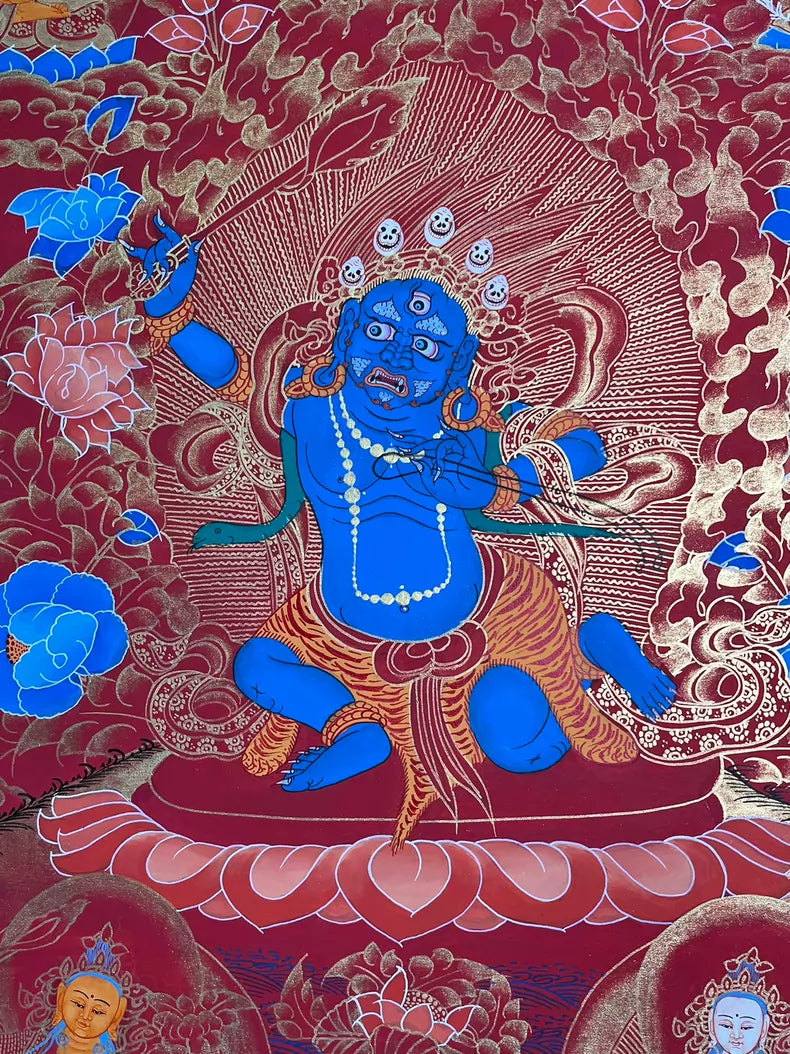 Blue figure with flame halo and lotus — Red-ground Acala thangka
