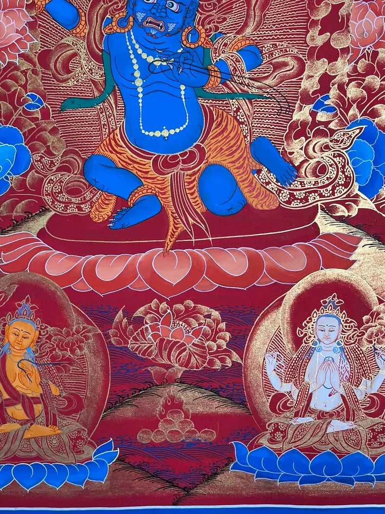 Lower-right white figure and lotus — Red-ground Acala thangka