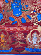 Lower-right white figure and lotus — Red-ground Acala thangka