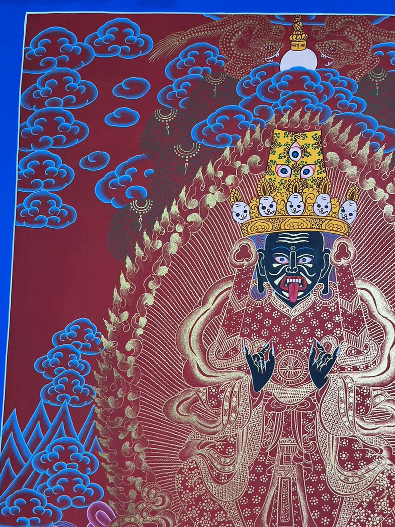 Upper-left clouds and flame halo — Red-and-gold Zaki Lhamo thangka