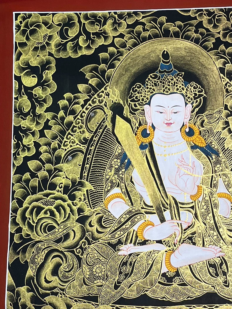 Upper-left flowers and central halo — Black-and-gold Akashagarbha thangka