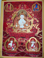Full red-and-gold composition with central figure and four smaller figures — Mahasthamaprapta thangka