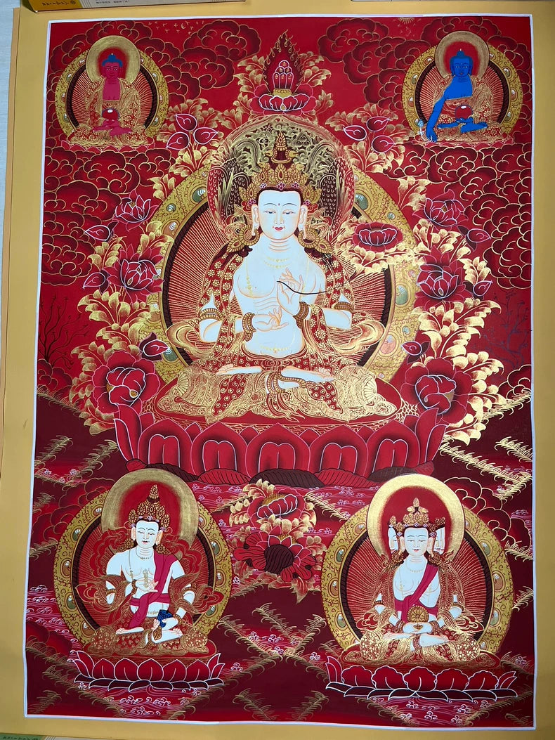 Full red-and-gold composition with central figure and four smaller figures — Mahasthamaprapta thangka