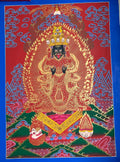 Full red-ground composition with blue clouds and flame halo — Red-and-gold Zaki Lhamo thangka