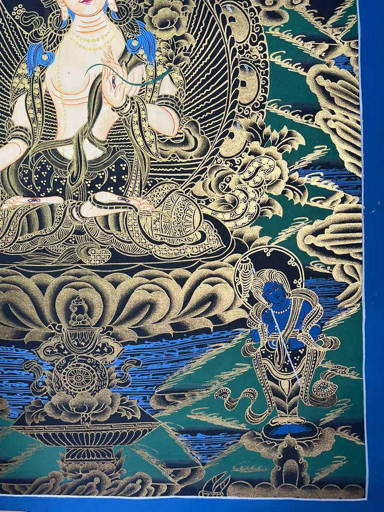 Lower-right landscape and small blue figure — Black-and-gold White Tara thangka