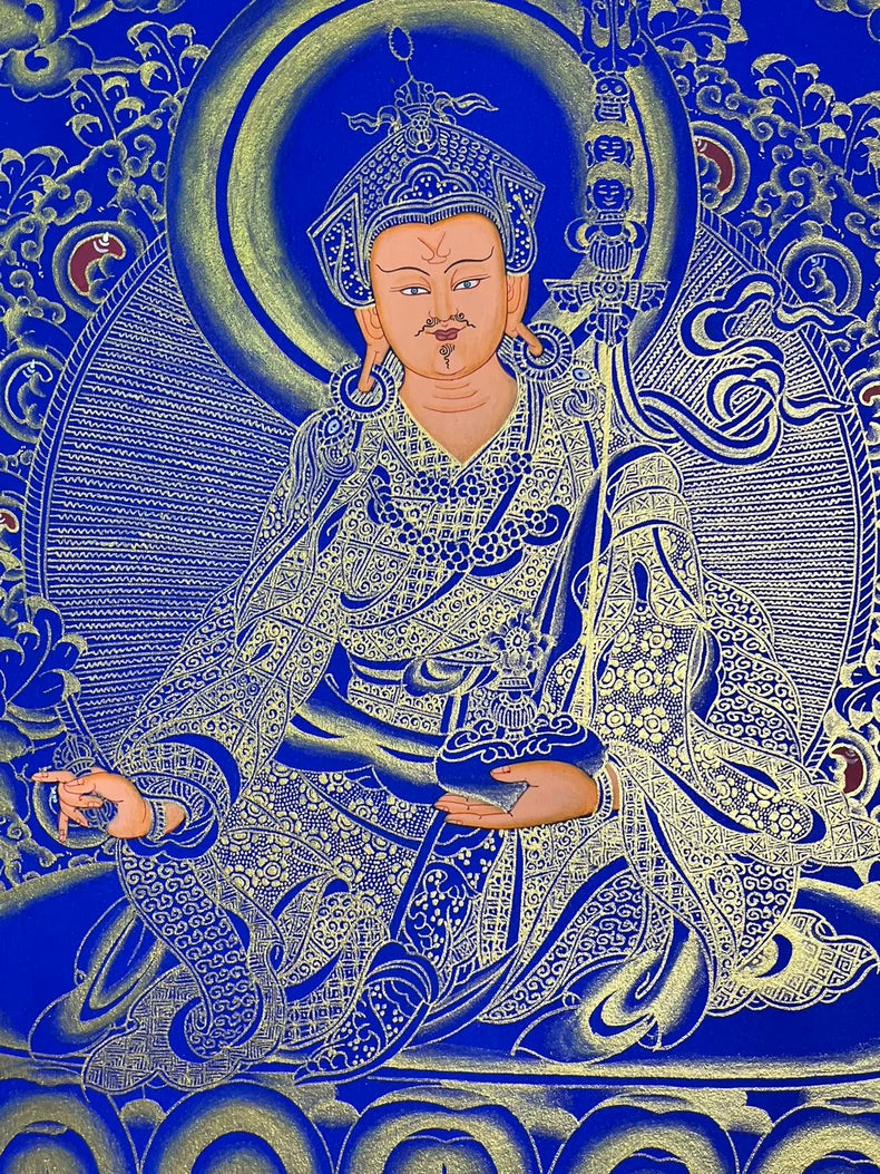 Hand-Painted Guru Rinpoche Thangka — Lapis Blue & Gold