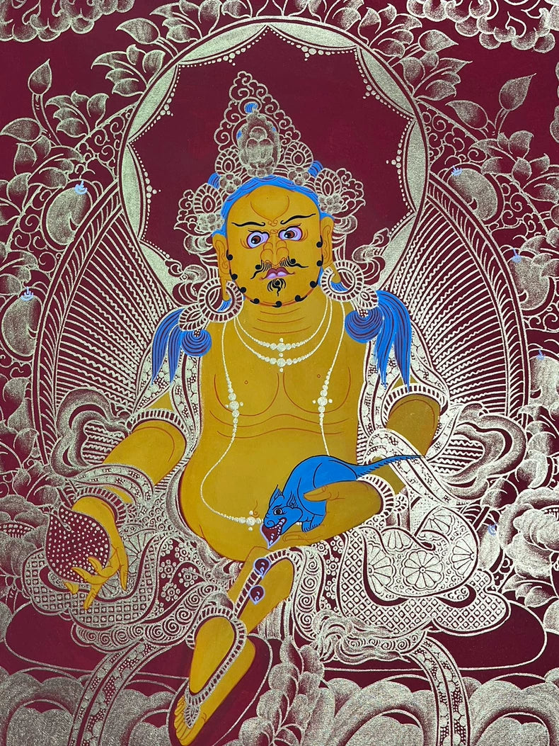 Close view of crown, face and seated figure — Red-ground Yellow Jambhala thangka