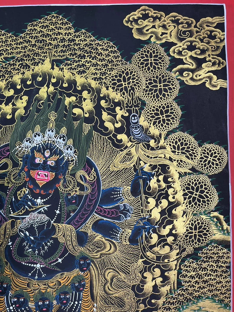 Upper-right clouds and flame halo — Black-and-gold Mahakala thangka