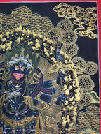 Upper-right clouds and flame halo — Black-and-gold Mahakala thangka