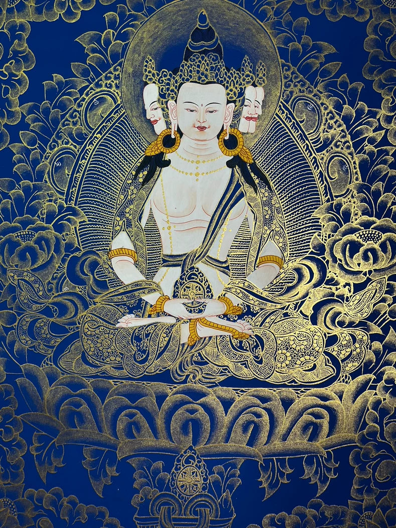 Seated figure with crown and gold floral halo — Blue-and-gold Mahavairocana thangka