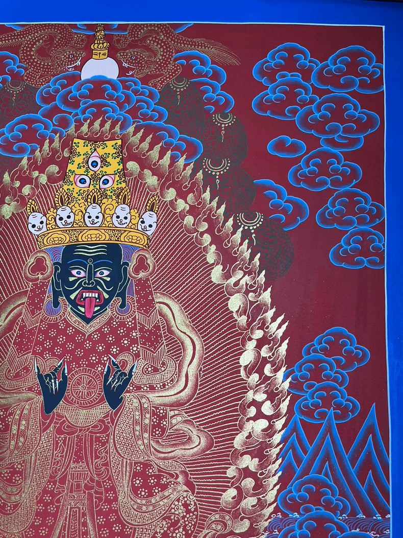 Upper-right clouds and crown — Red-and-gold Zaki Lhamo thangka