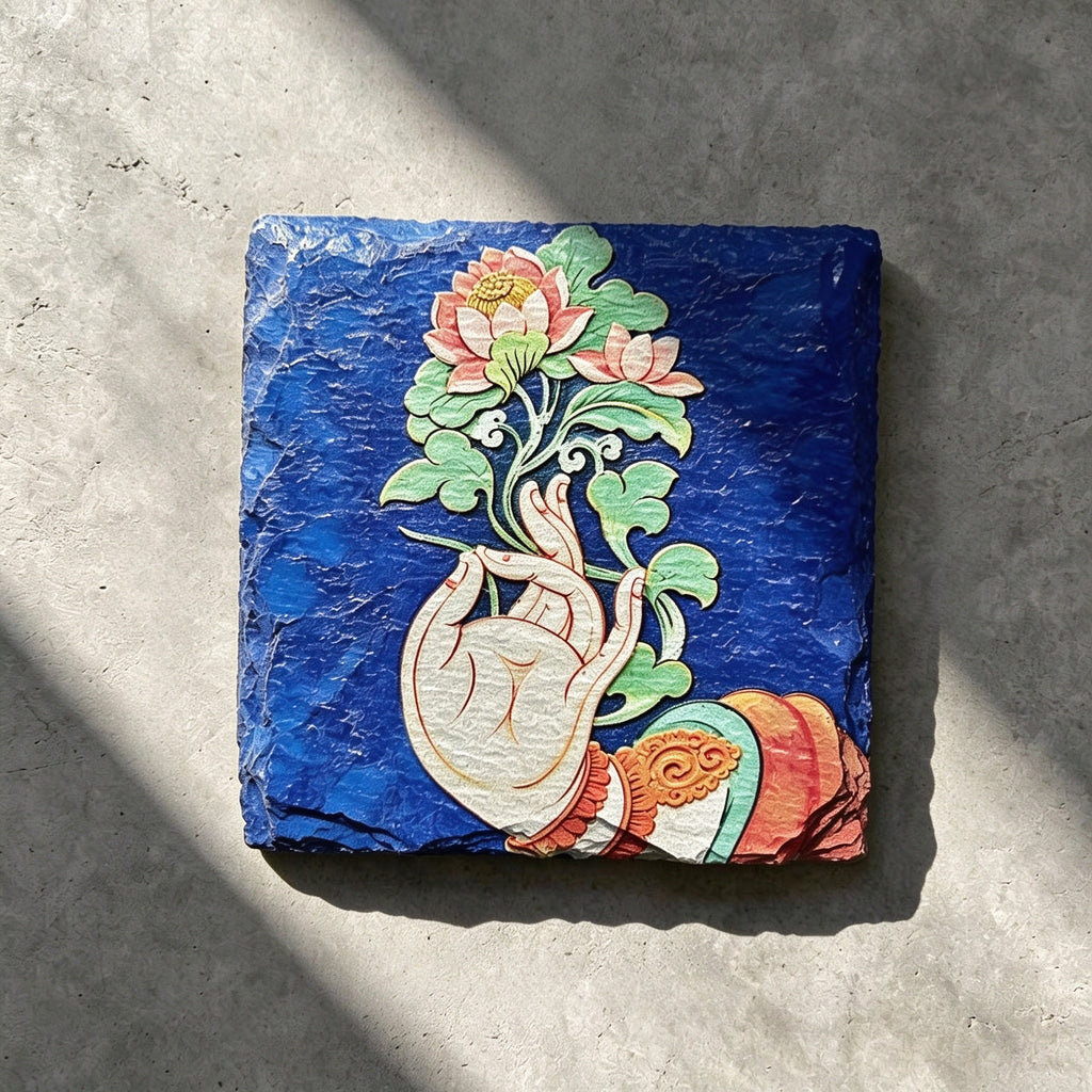 Lotus and hand black slate art tile, front view of the printed artwork and natural slate edges.