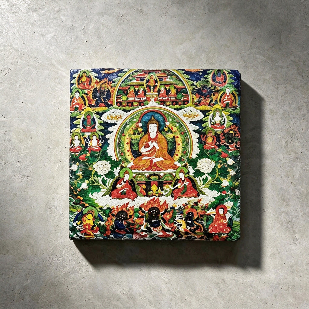Tibetan Buddhist lineage masters black slate art tile, front view of the printed artwork and natural slate edges.